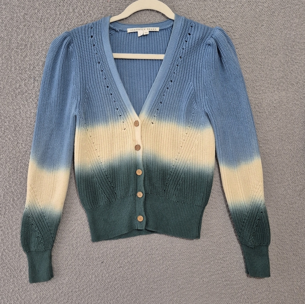 Veronica Beard Women's Blue Green Parula Tie Dye Ombre Puff Sleeve Cardigan S